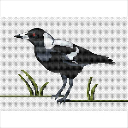 Australian Magpie cross stitch chart by Maureen Maguire for Caronie.